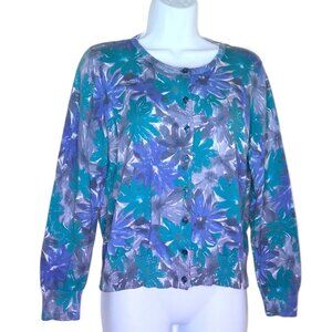 LL Bean Petite Floral Cardigan Sweater Watercolor Cottagecore Supima Cotton P M
